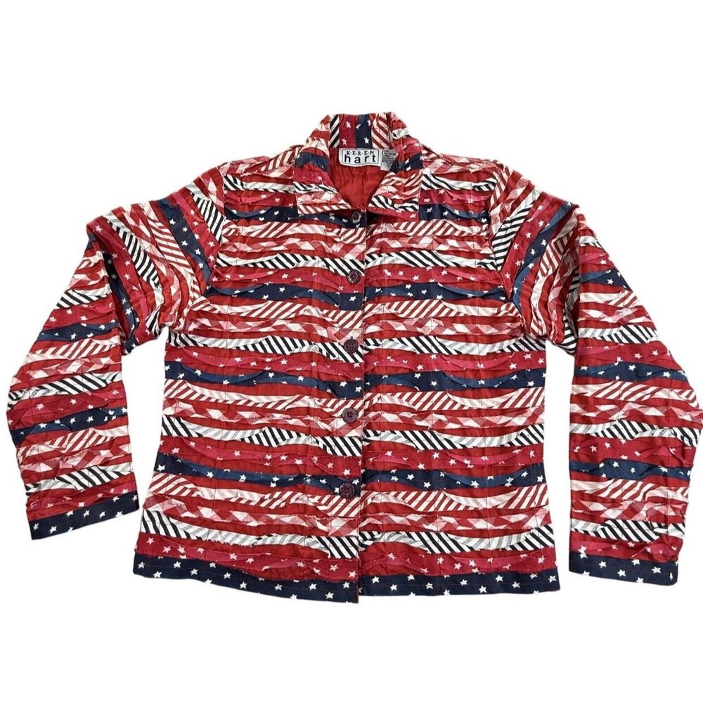 Vintage Keren Hart Quilted Jacket Womens Large Red White Blue Patriotic Flag 90s